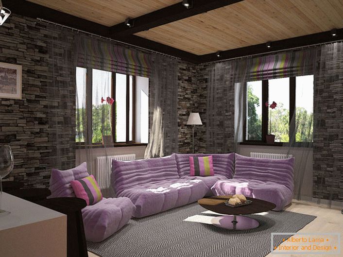 Design project for a cozy living room in loft style. The decoration of the walls of stone is harmoniously combined with soft soft-purple furniture.
