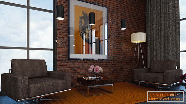 Design project for the living room in loft style. An excellent option for urban apartments.