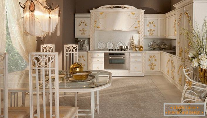A noteworthy detail in the design of the kitchen in the Art Nouveau style was gold elements of decor. Soft, muffled light makes the situation a family warm.