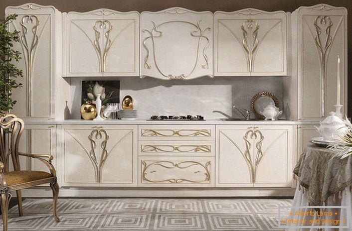 Kitchen in the style of liberti is noteworthy using the smooth lines in the decoration. Chairs with round, ornate backs - a characteristic feature of the Liberty style.