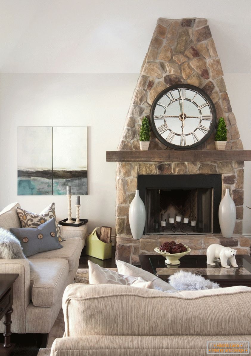 A big clock above the fireplace