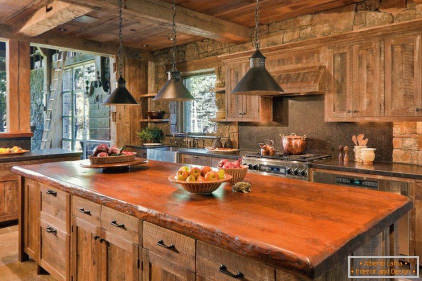 Kitchen from a natural tree at you on a summer residence