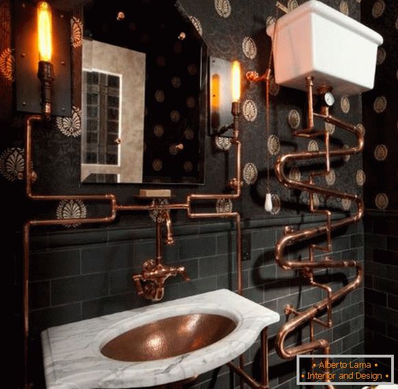 Steampunk-style bathroom with Victorian wall-paper