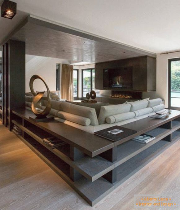 Stylish design of a large living room with shelves