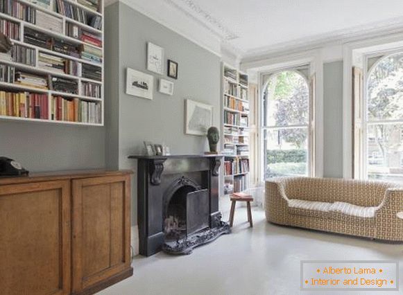 Design of a living room in a modern style in a bookcase