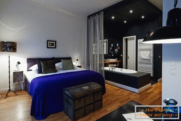 Interior of studio apartment in black and blue color