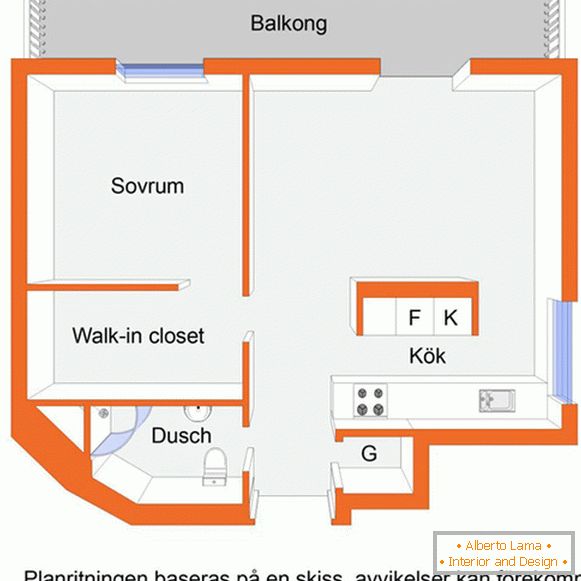 The layout of a small one-room apartment