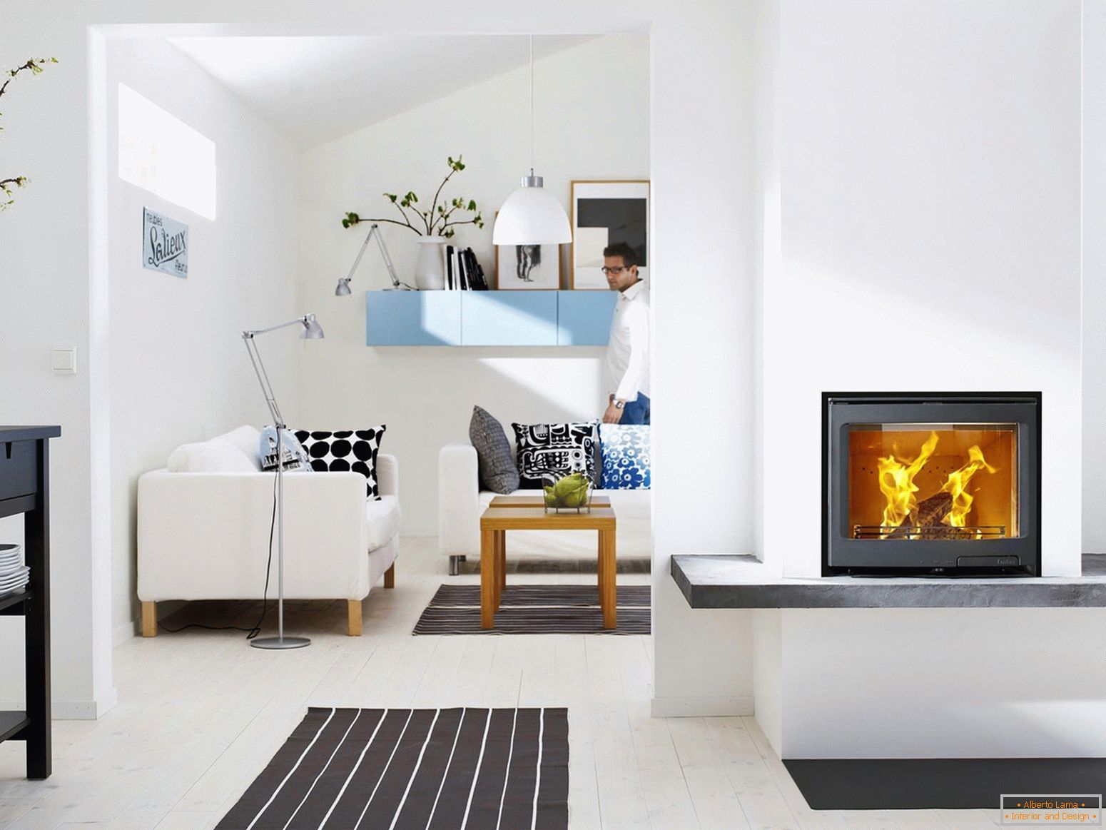 Fireplace in white interior