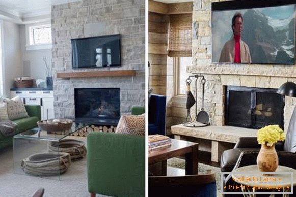 TV above the fireplace in the interior of the living room - photo with stone decoration