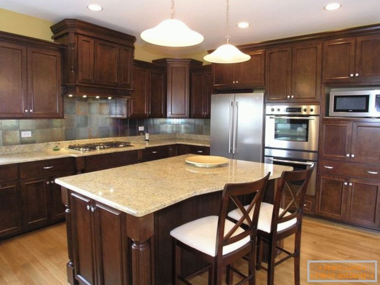 dark-brown-laminated-wooden-island_brown-iron-classic-chandelier beige-tile-backsplash backsplash-tile-color dark-kitchen-cabinets-granite