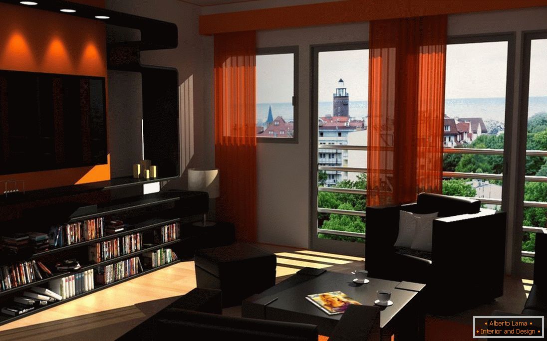 Dark furniture and orange curtains in the living room
