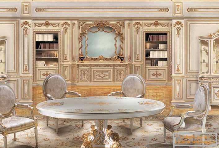 Design project in the Baroque style for a large living room. Wooden chairs and a table are made in one style.
