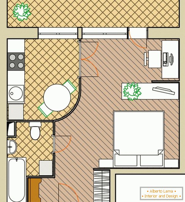 Apartment layout for two adults with an office