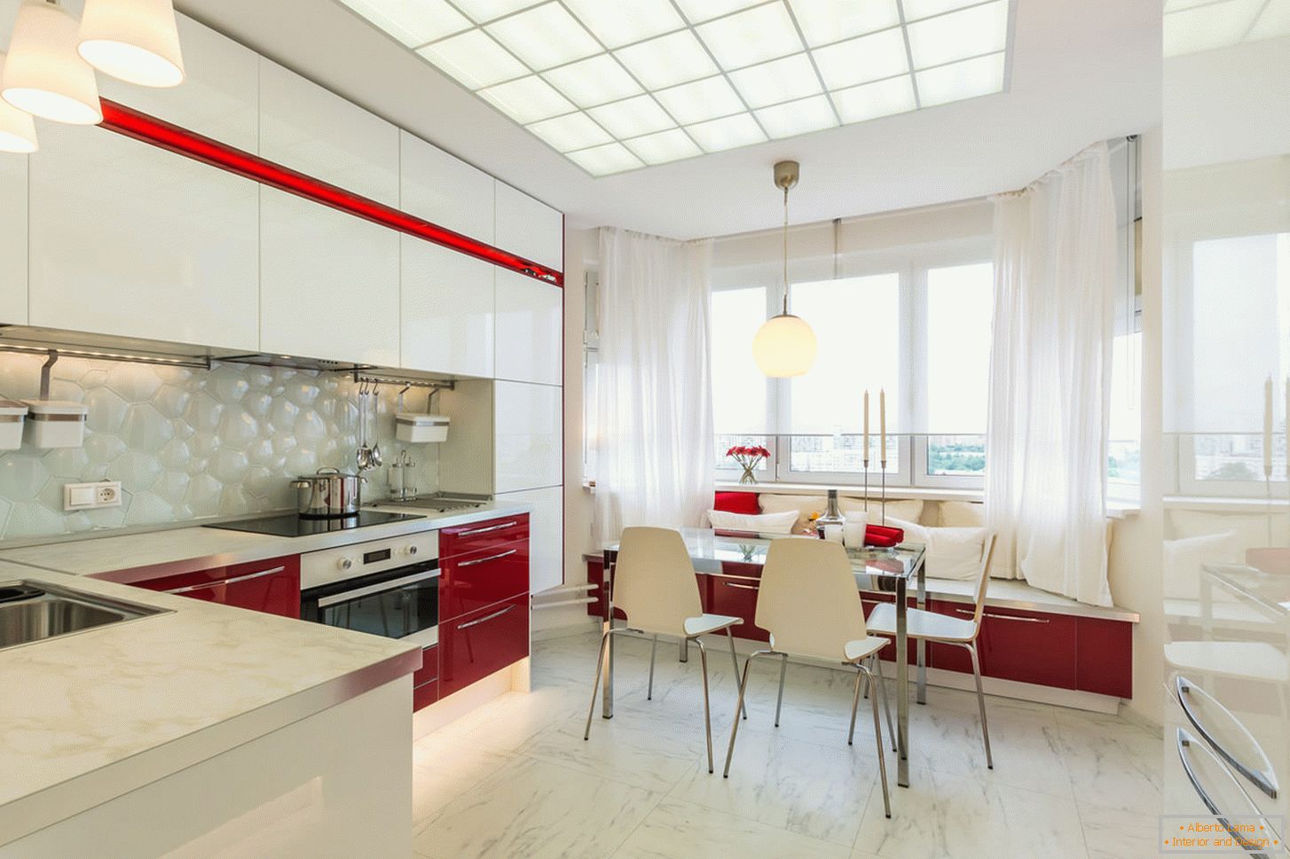 Chic interior kitchen in white and red colors
