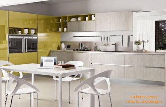 Elegant corner kitchen of gray and green color