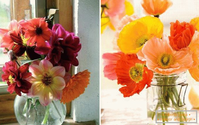 Bouquets in a transparent glass vase