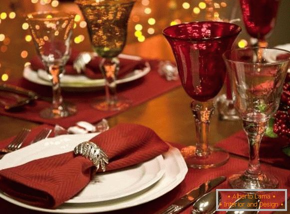 Decoration of the New Year's table 2017 - glasses, plate and general layout