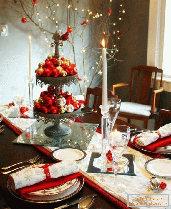 Interesting decoration of the New Year's table with Christmas balls