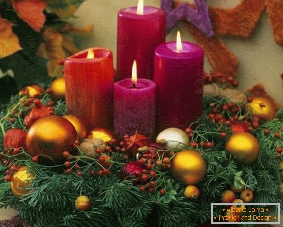 Decoration of New Year's table 2016 - Photo of Christmas tree with candles