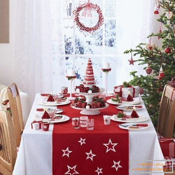 Decor of the New Year's table with your own hands in red and white colors