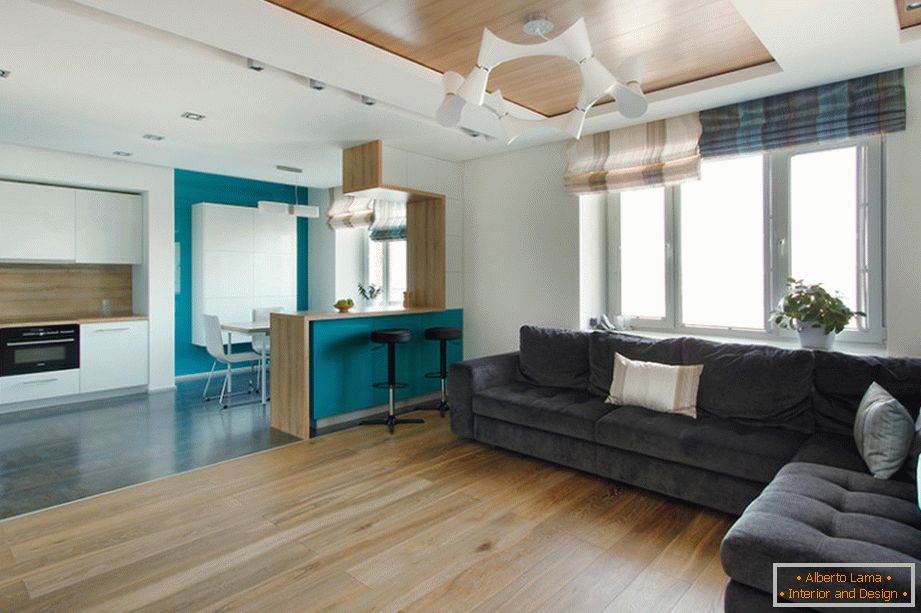 Interior of the apartment in Moscow in turquoise-white tones with elements of light wood