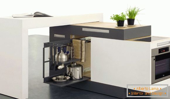 The interior of a very small kitchen: a mobile kitchen set