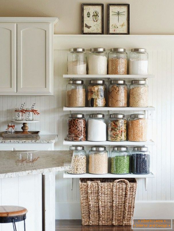 Banks with cereals on the shelves