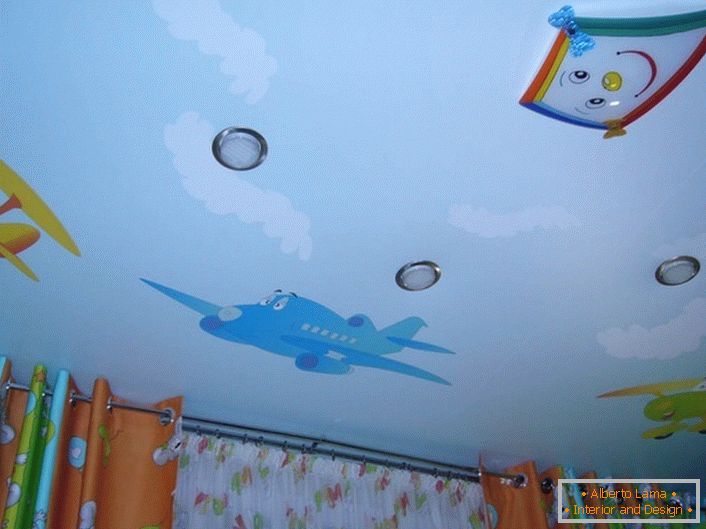 Funny stretch ceilings about cartoon airplanes. Children will like it.