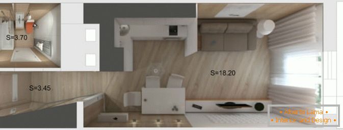 The layout of a narrow studio apartment
