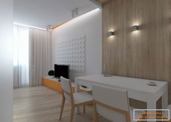 Dining area in a narrow studio apartment