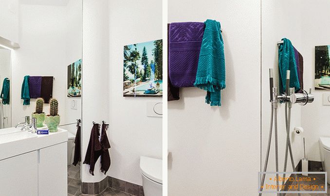 Bathroom in white color of a small studio apartment in Sweden