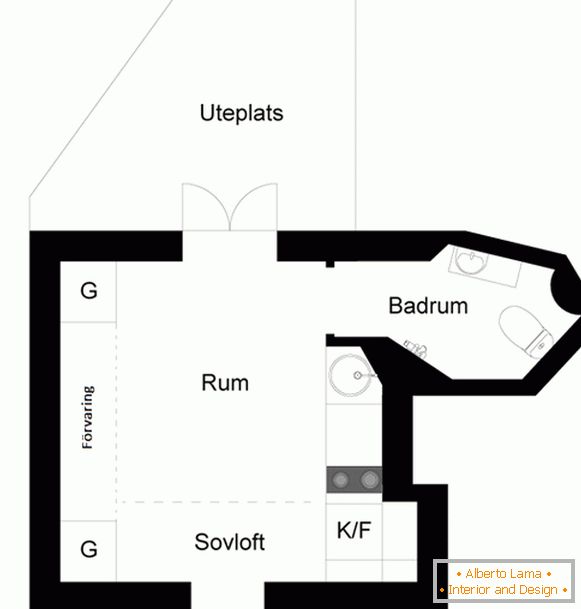 The layout of a small studio apartment in Sweden