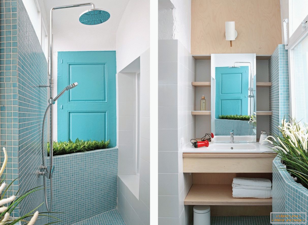 Bathroom in white and turquoise color