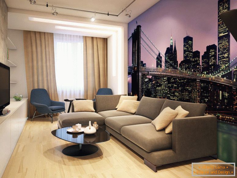 Photo wallpapers with a view of the night city in the interior of the living room