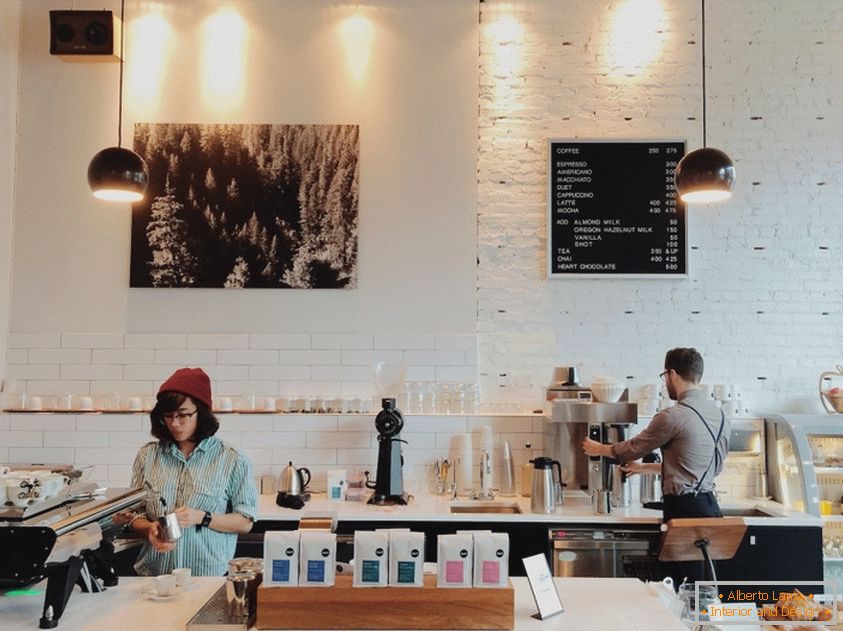 Coffee house interior in white tones