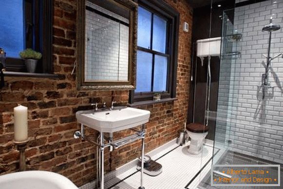 Bathroom loft with brick wall