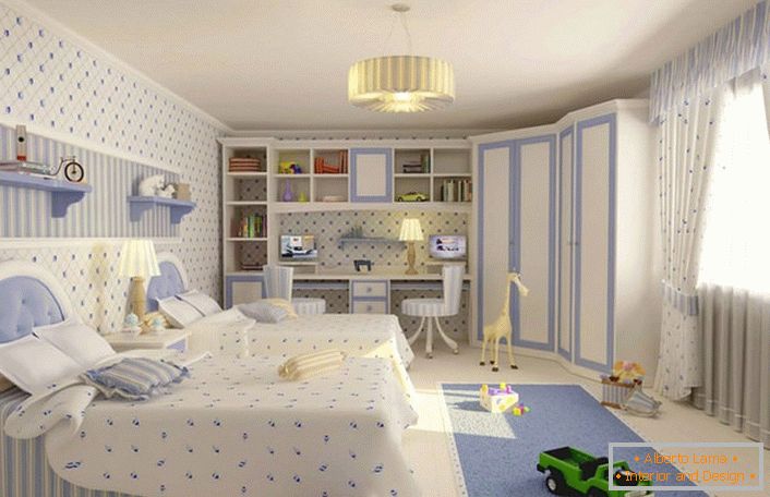 Neutral colors, for example, soft blue and white, are ideal for decorating a children's room where a brother and sister will live. 