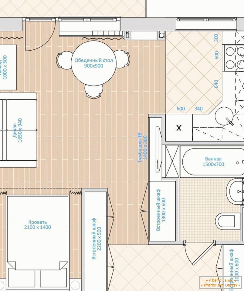 The layout of a one-room apartment of 33 sq m