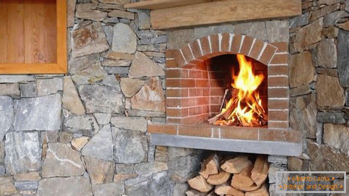 Corner fireplace in a stone house.