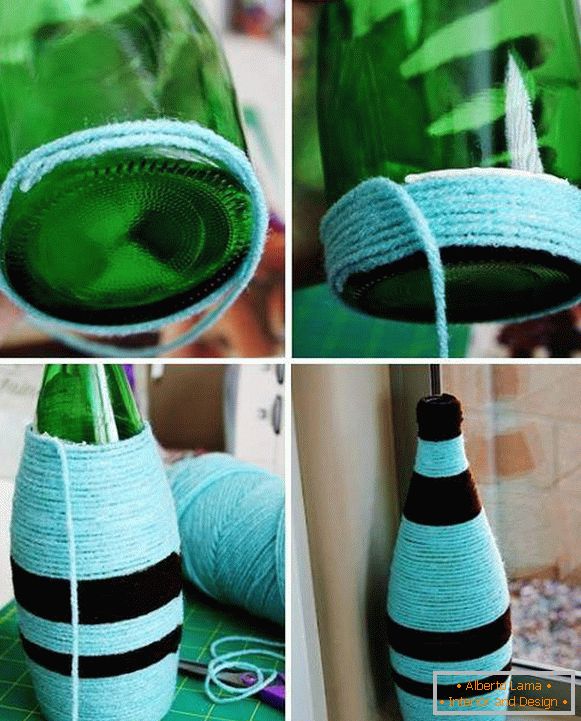 Vase and glass bottle and thread