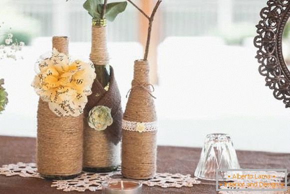 Vintage craft - a vase from a bottle and a twine