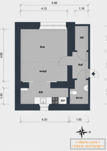 Planning of studio apartment in Scandinavian style