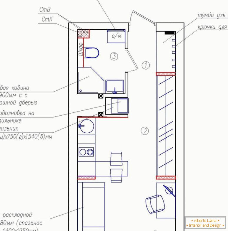 The layout of a small studio apartment in Paris
