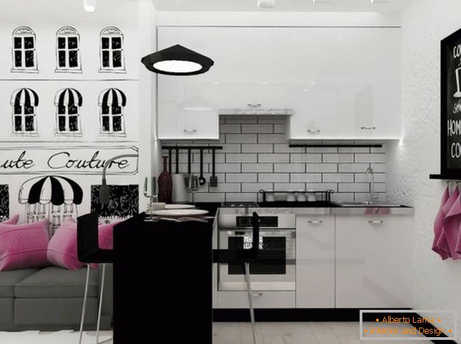 Kitchen area in black and white