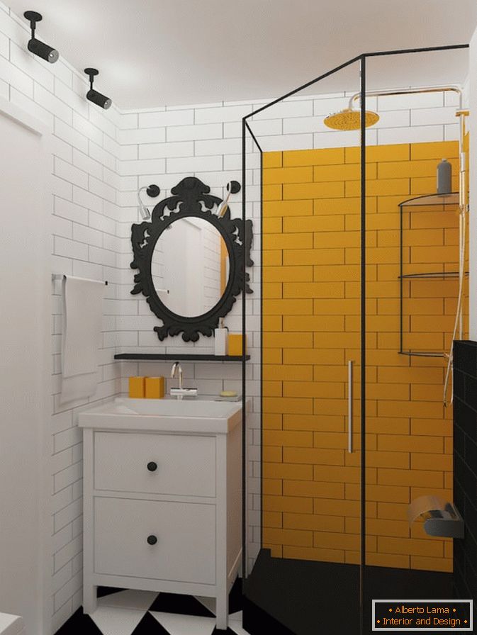 Yellow accents in a black and white bathroom