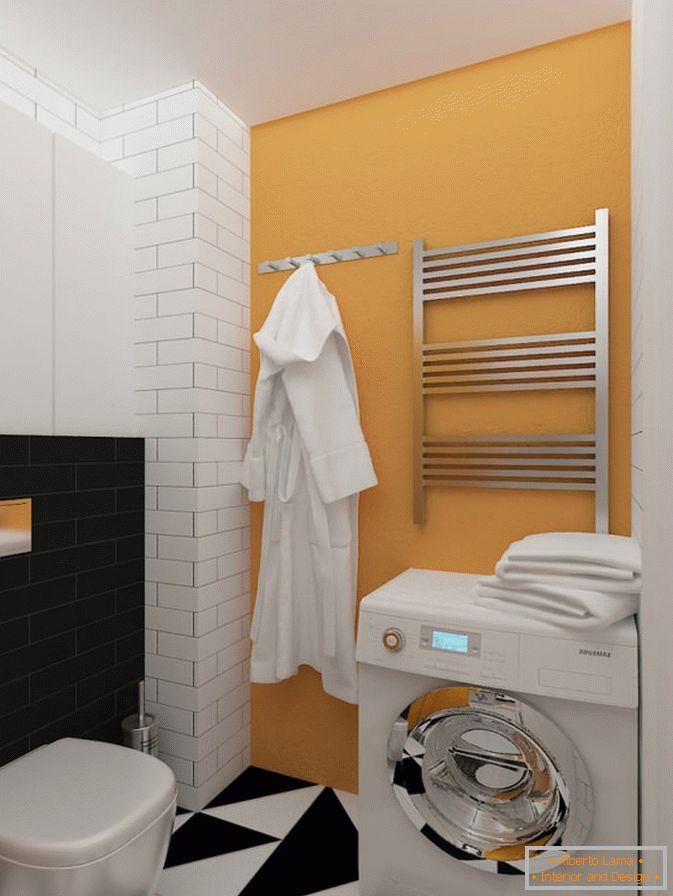 Yellow accents in a black and white bathroom