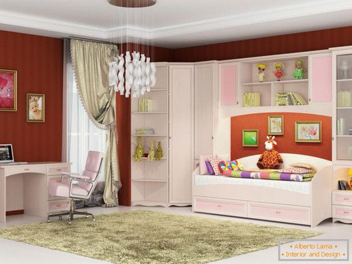 A stylish room for a young fashionista. Modular furniture for children is made in pink and white color - what you need for a girl.