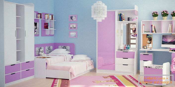 Pale pink in combination with white is suitable for decorating modular furniture for a young lady. Finishing the walls of blue color favorably focuses on the furniture set.