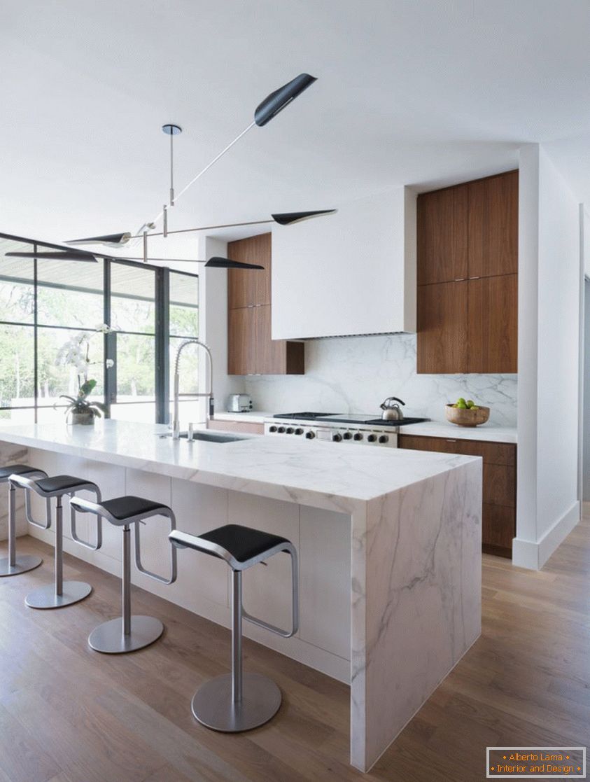 Bar counter from solid marble and chic dark parquet