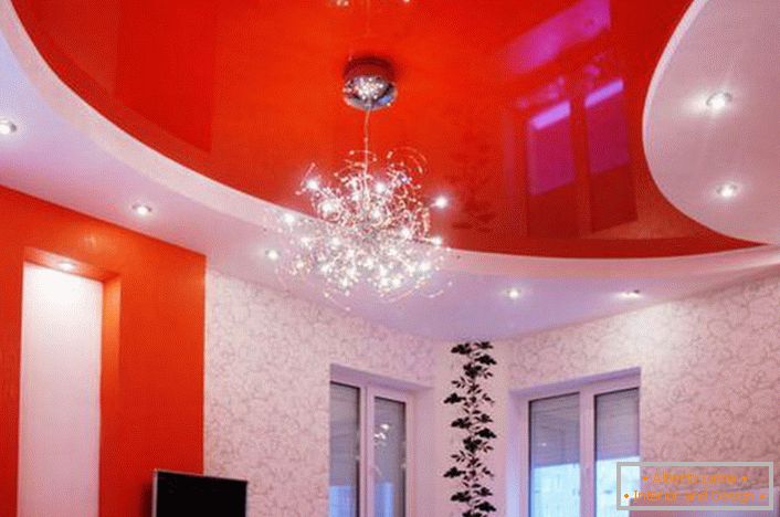 The noble red color stretch ceiling fits seamlessly into the overall concept of style.